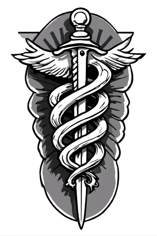 rod of asclepius medical staff with sword tattoo design idea