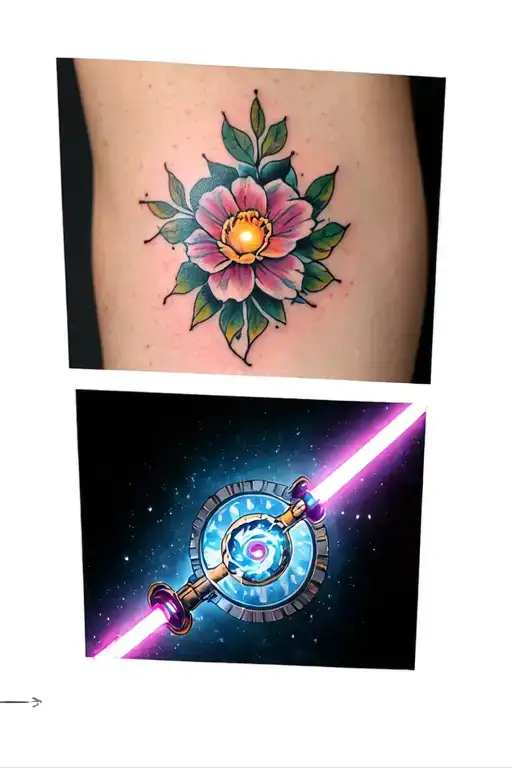A traditional style tattoo of the Beauty and the Beast flower intertwined with a lightsaber and Iron Man's arc reactor tattoo design idea