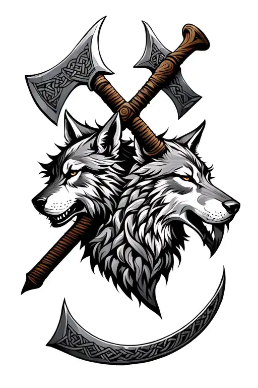 viking knotwork design incorporating battle axes and wolves tattoo design idea