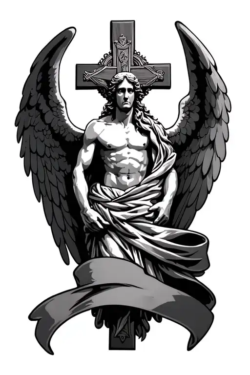 Raphael Archangel with large ornate crucifix wrapped in a banner   tattoo design idea