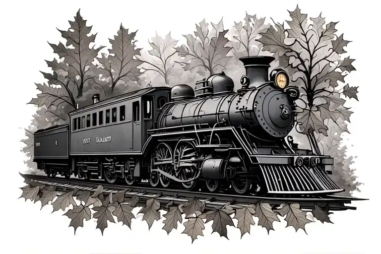front of steam train with fall leaves chest tattoo tattoo design idea