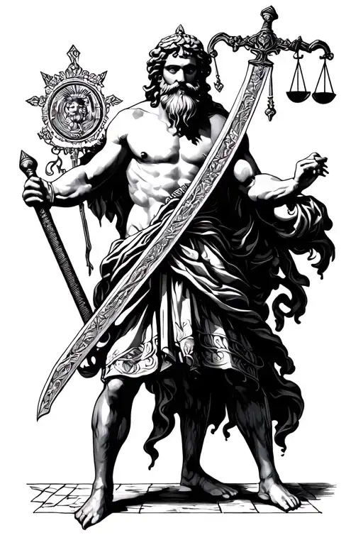 Femis with Libra and Sword located on the shoulder, passes into the image of the Greek God with a beard, to the forearm. tattoo design idea