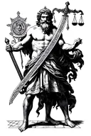Femis with Libra and Sword located on the shoulder, passes into the image of the Greek God with a beard, to the forearm. tattoo design idea