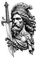Femis with Libra and Sword located on the shoulder, passes into the image of the Greek God with a beard, to the forearm. tattoo design idea