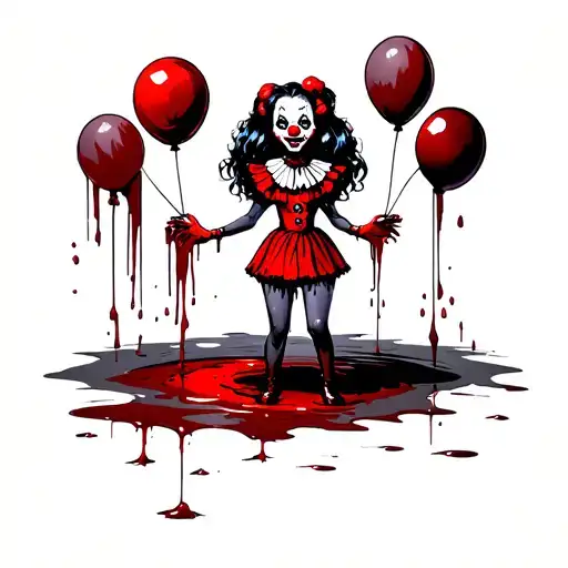 Pin up goth clown girl with severed head and balloons in her hands standing on a puddle of blood tattoo design idea