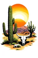 desert setting with large cactus in the foreground with a small bull skull next to it the sun is setting in the backgrou tattoo design idea