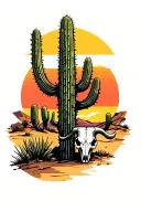 desert setting with large cactus in the foreground with a small bull skull next to it the sun is setting in the backgrou tattoo design idea