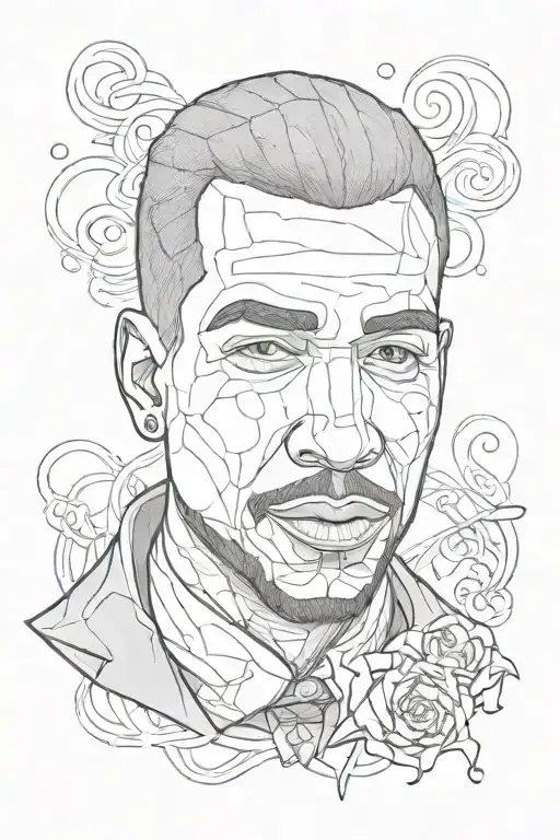 A sketch tattoo of Drake's face morphing into the Joker's face, representing a blend of two passions tattoo design idea