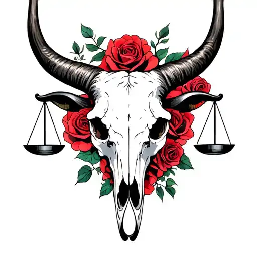 feminine taurus bull skull with Libra scales and red roses tattoo design idea
