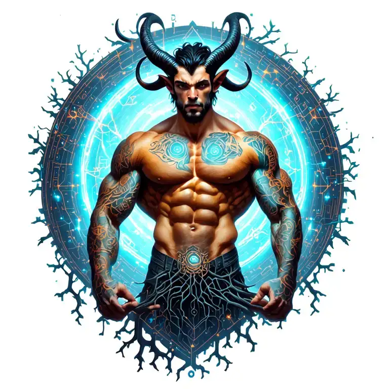 sexy gay male horned satyr with massive bodybuilder muscles flex. cyber tree roots, vines and constellations tattoo design idea