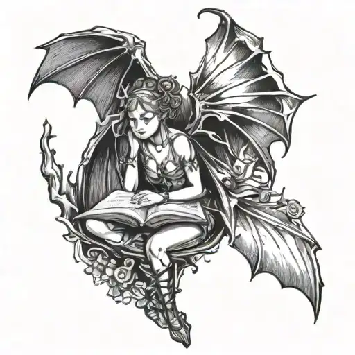 fairy girl, book, half dragon wing and half bat wing tattoo design idea