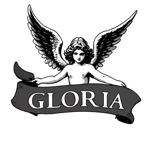 cupid angel wings flying holding a sign saying gloria tattoo design idea