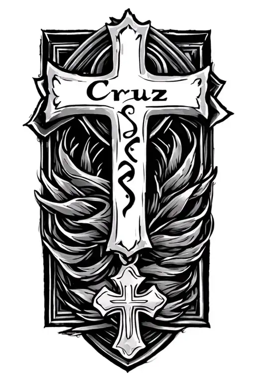 last name Cruz tattoo vertically with 3 small Christian crosses in the bottom tattoo design idea