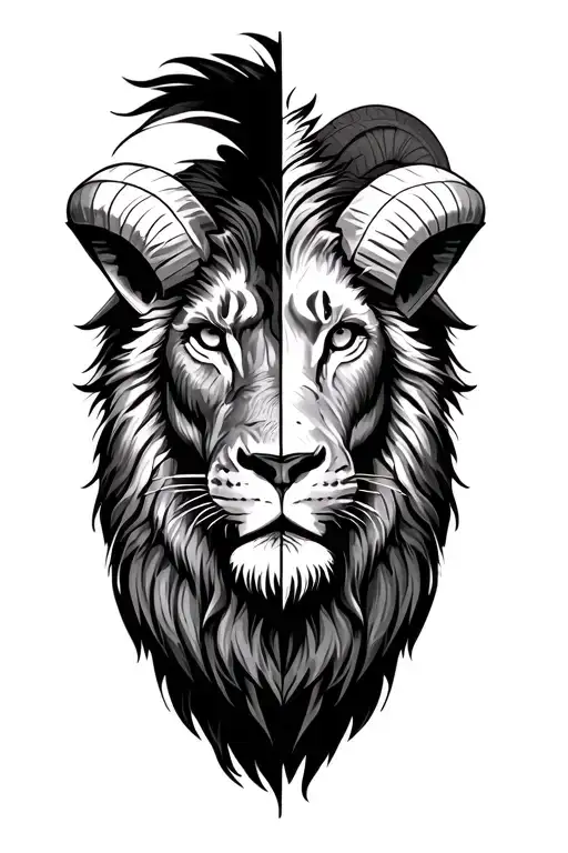 left half lion face and right half ram face tattoo design idea