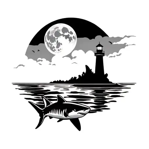 shark swimming below an island. There is a lighthouse on the island. A full moon is shining in the sky  tattoo design idea