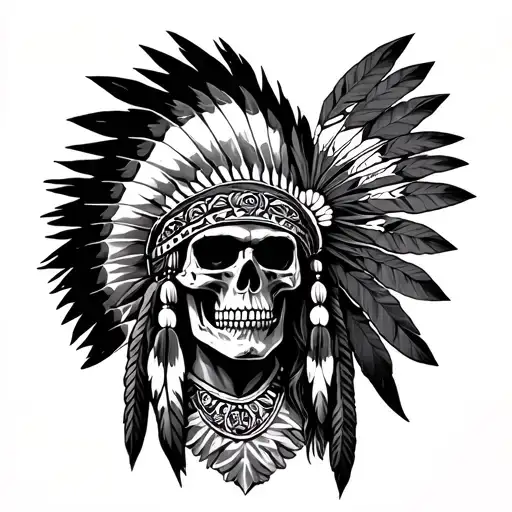 native american scenery featuring skull with headress tattoo design idea