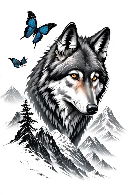 wolve with other wovles mountian background and 2 butterflies  tattoo design idea