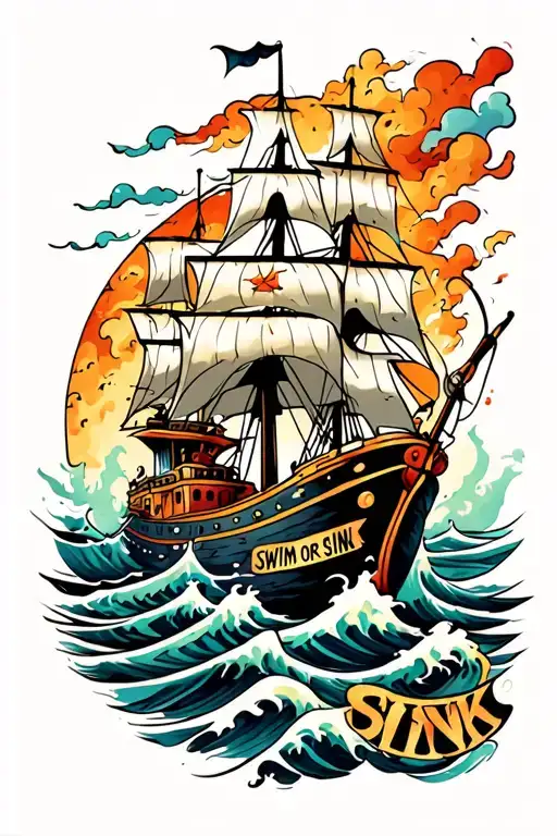 neotraditional ship with waves and storm and words "swim or sink" tattoo design idea