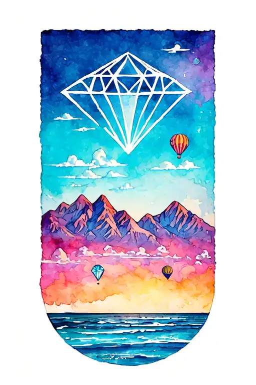a Zia symbol with Sandia mountains in middle, clouds on top, diamond on right, LA beach on left, and hot air balloons on tattoo design idea