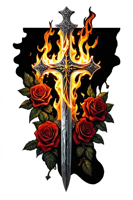 cross engraved on a flaming longsword surrounded by burning roses tattoo design idea