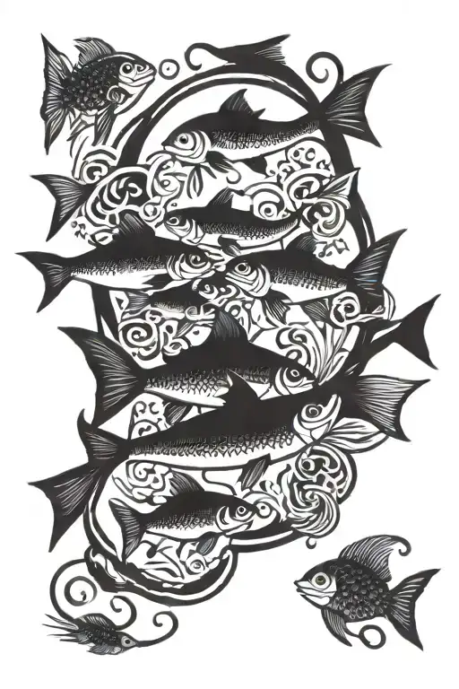 A blackwork silhouette of a family of fish swimming together in a circle, symbolizing unity and togetherness, reflecting the client's love for family and fishing tattoo design idea