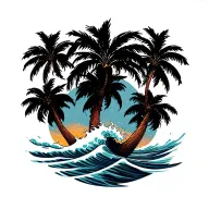 3 palm trees and ocean wave crashing tattoo design idea