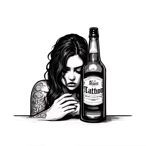 sad tattooed woman alcoholism jail cell liquor bottle  tattoo design idea