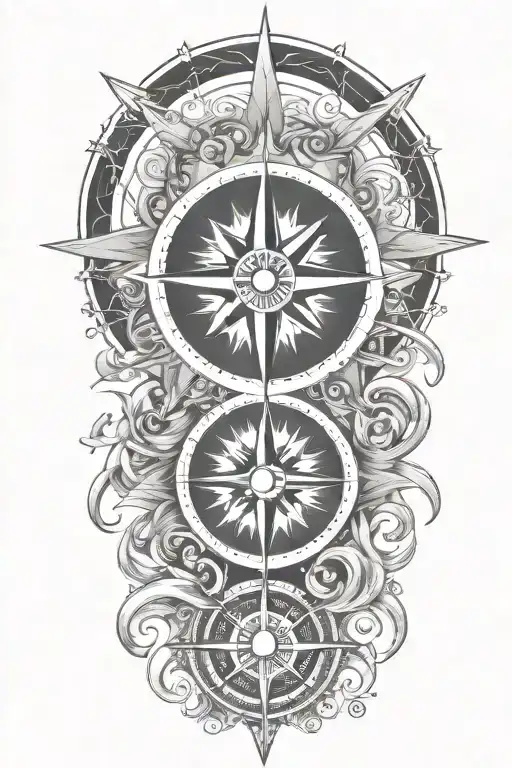 A stylized sun and compass merging together, surrounded by flowing water patterns, symbolizing the client's love for the ocean and navigation tattoo design idea