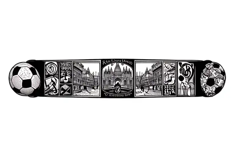Armband tattoo with symbols Cologne Cathedral, football, music tattoo design idea