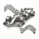 A Formula 1 car with a checkered flag waving in the background tattoo design idea