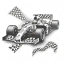 A Formula 1 car with a checkered flag waving in the background tattoo design idea