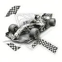 A Formula 1 car with a checkered flag waving in the background tattoo design idea