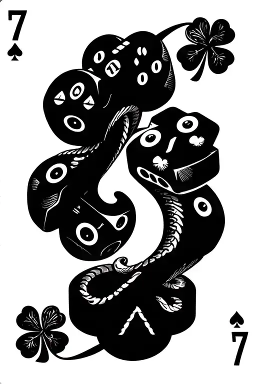 777 number and 2 snake eyes dice set and four leaf clover and pair of aces poker cards tattoo design idea