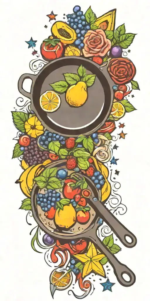 cooking utensils frying pan fruits vegetables steak roses stars tattoo design idea