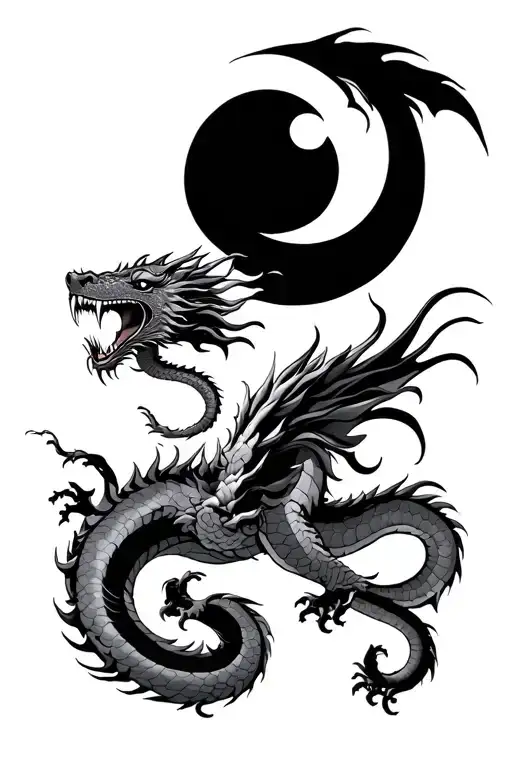 Entrened Japanese Dragons, one eating the Sun and the other to the Moon tattoo design idea