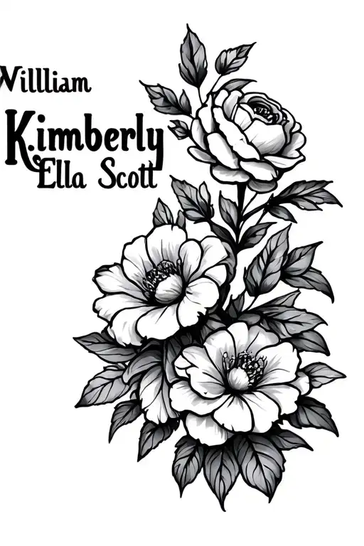 "William Kimberly Ella Scott " kids names tattoo design idea
