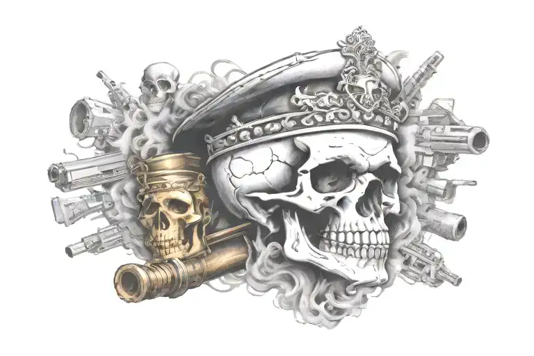 skull with +619314 on its forehead above eyebrow area "from darkness to light" heaps of guns and smoke and gangstr stuff tattoo design idea