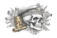 skull with +619314 on its forehead above eyebrow area "from darkness to light" heaps of guns and smoke and gangstr stuff tattoo design idea