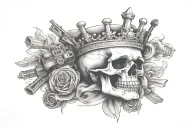 skull with +619314 on its forehead above eyebrow area "from darkness to light" heaps of guns and smoke and gangstr stuff tattoo design idea