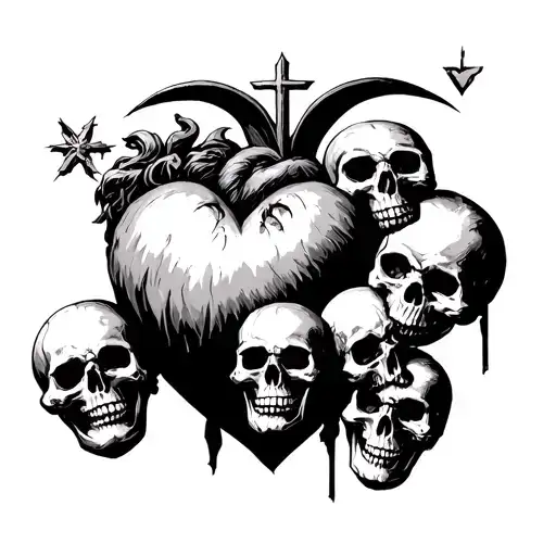 Medieval gothic tones. Lineart of Saint Joseph protecting 1 big heart and 4 smaller hearts from 4 greedy selfish skulls  tattoo design idea