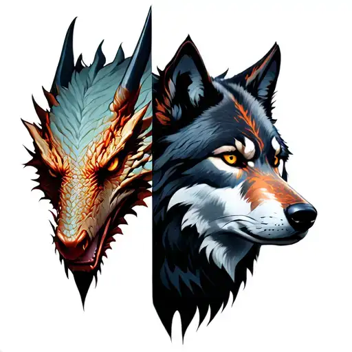 "Asoiaf" left "Dragon's face" right "wolf's head" tattoo design idea