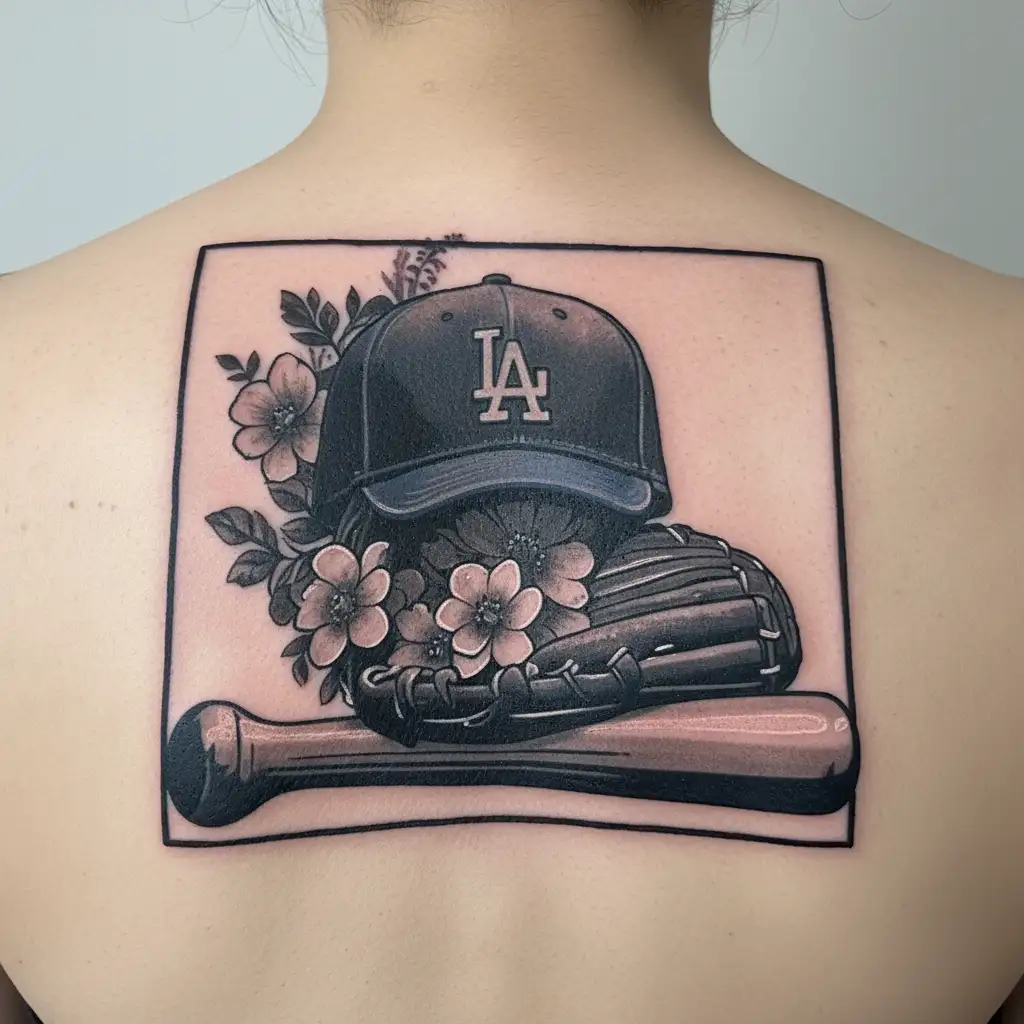LA Dodgers with floral, baseball cap, baseball glove, and baseball bat tattoo design idea