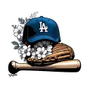 LA Dodgers with floral, baseball cap, baseball glove, and baseball bat tattoo design idea