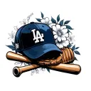 LA Dodgers with floral, baseball cap, baseball glove, and baseball bat tattoo design idea