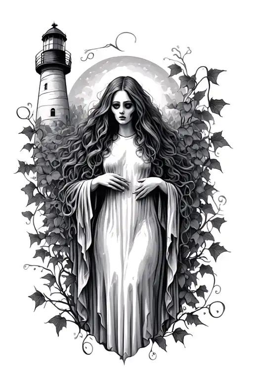 female sheet ghost with ivy and a lighthouse in the background tattoo design idea