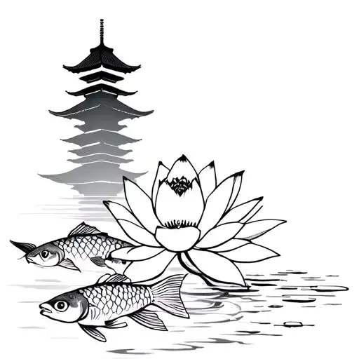 lotus flower blooming,in middle of 2 koi fish, with background of japanese tower, and shadow of samurai, tattoo design idea