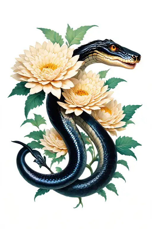 black mamba with chrysanthemum flower surrounded tattoo design idea
