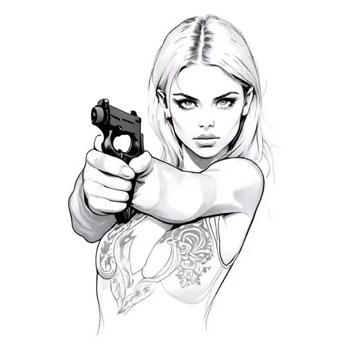a woman holding a gun tattoo design idea