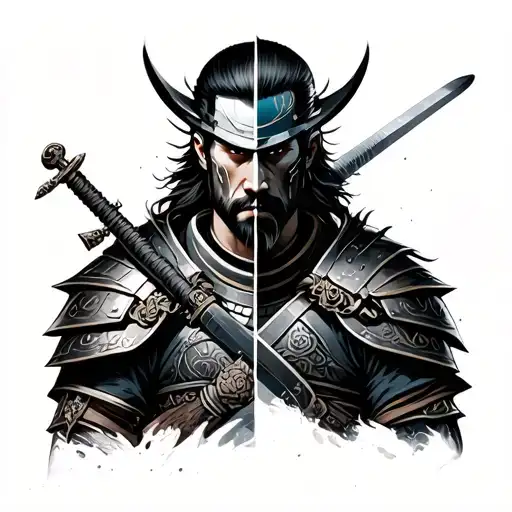 half cyberpunk half medieval samurai warrior tattoo design idea