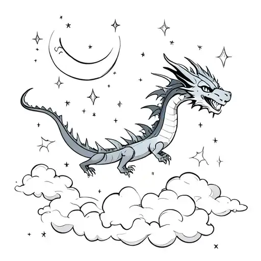 top view of a small long dragon flying over clouds with moon, sparkles, stars, clouds,  tattoo design idea